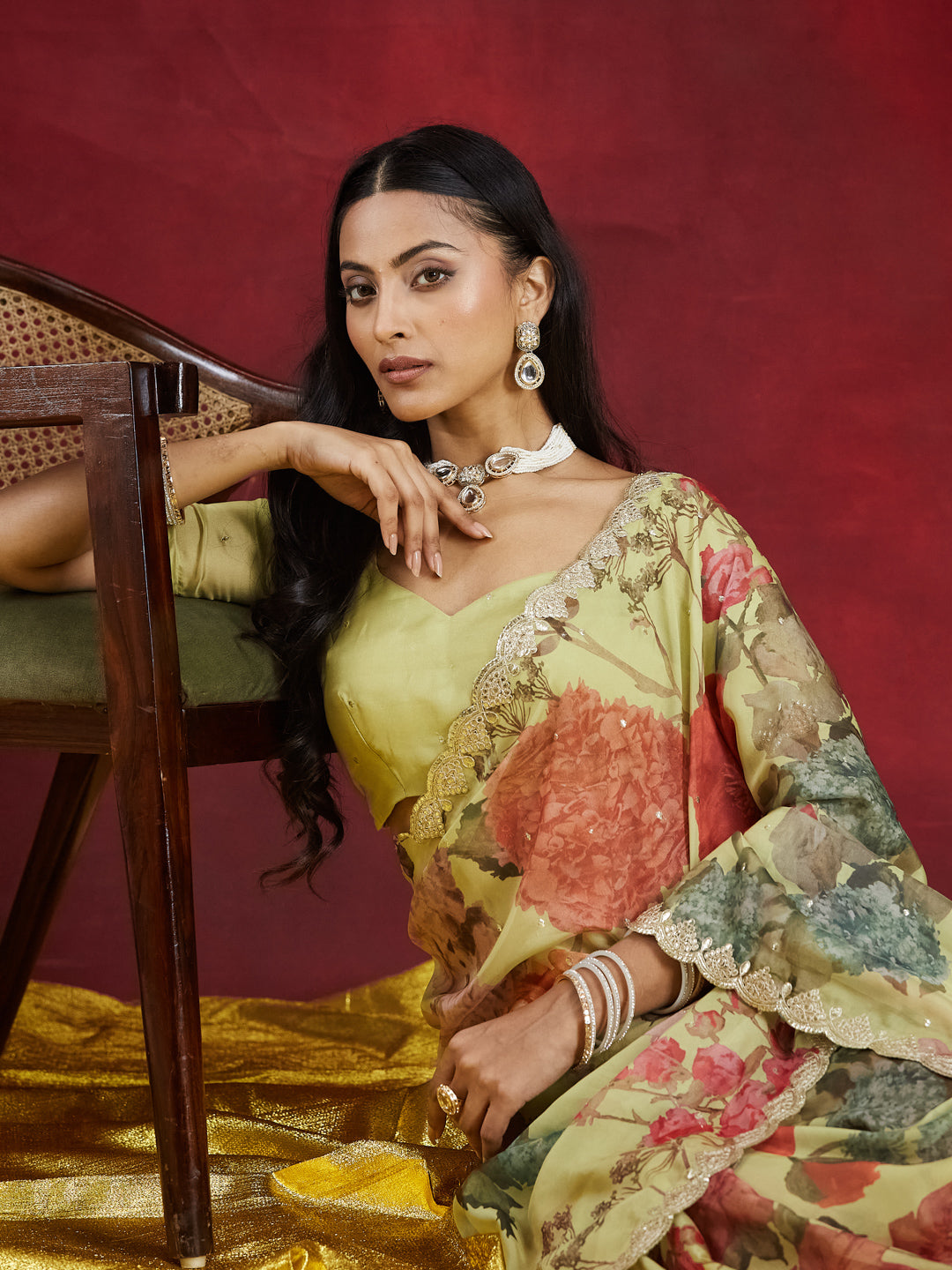 KASEE Women Pista Green Organza Saree with Floral Print & Embroidered Border