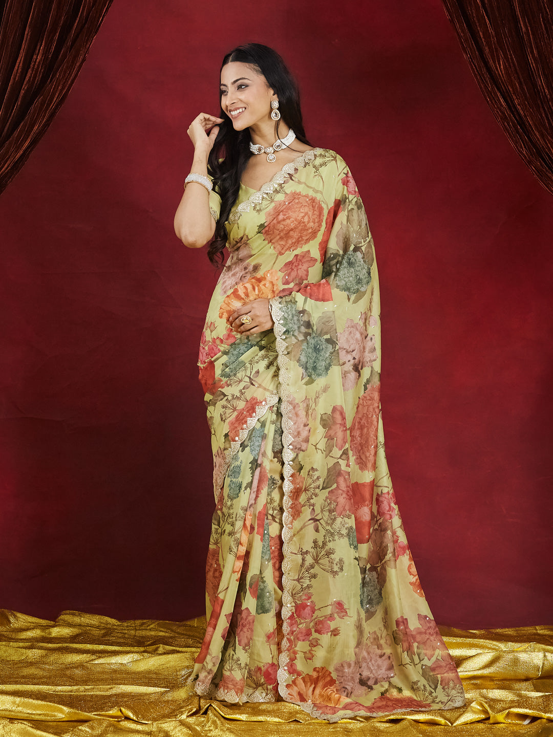 KASEE Women Pista Green Organza Saree with Floral Print & Embroidered Border