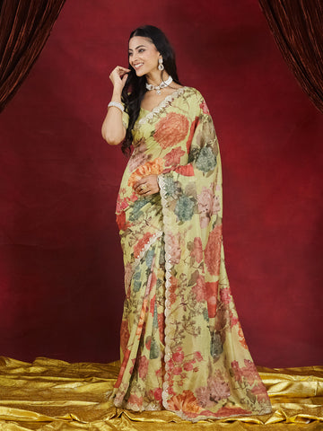 KASEE Women Pista Green Organza Saree with Floral Print & Embroidered Border