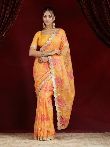 KASEE Women's Orange Organza Saree with Floral Print & Embroidered Border