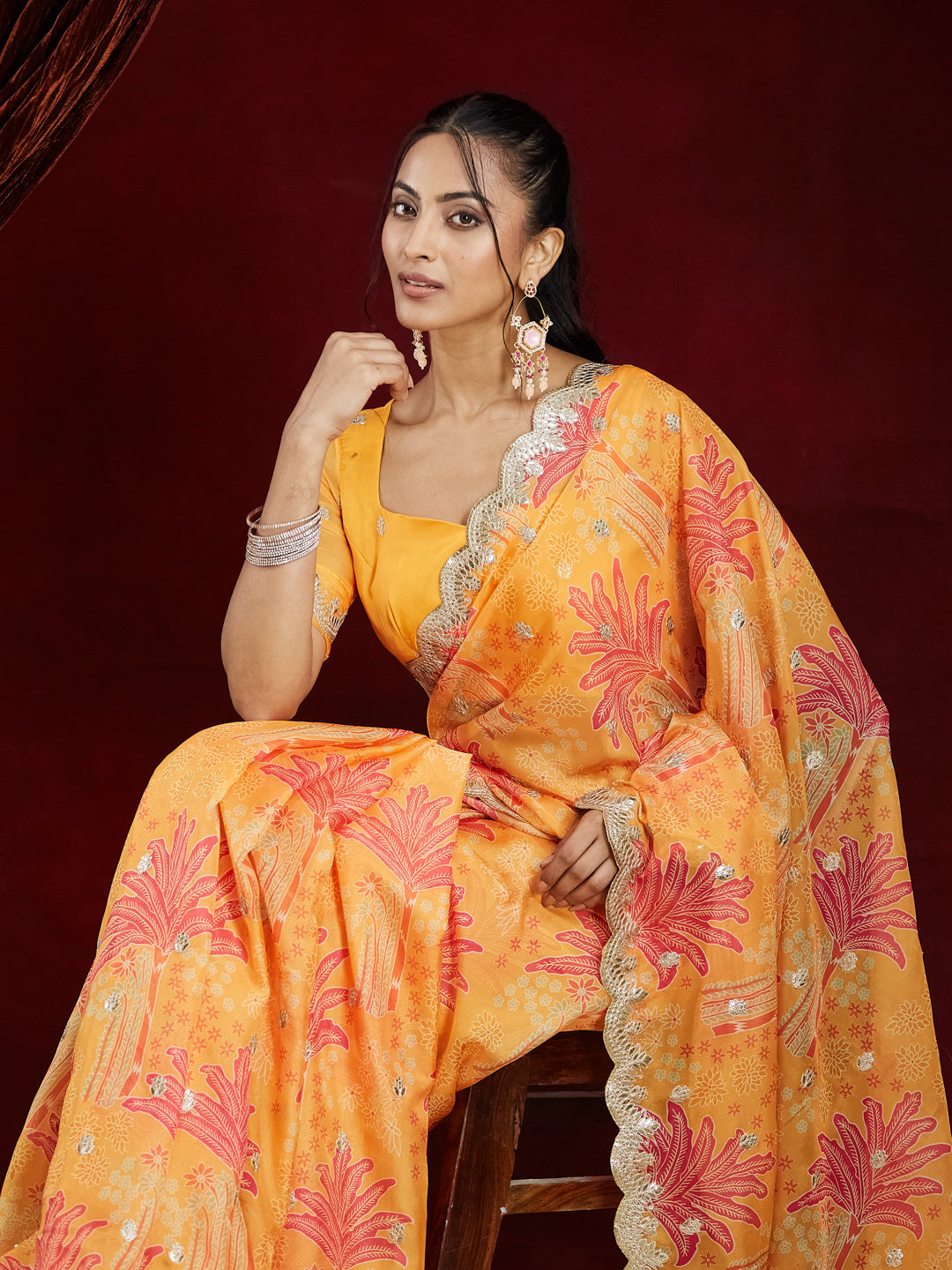 KASEE Women's Orange Organza Saree with Floral Print & Embroidered Border