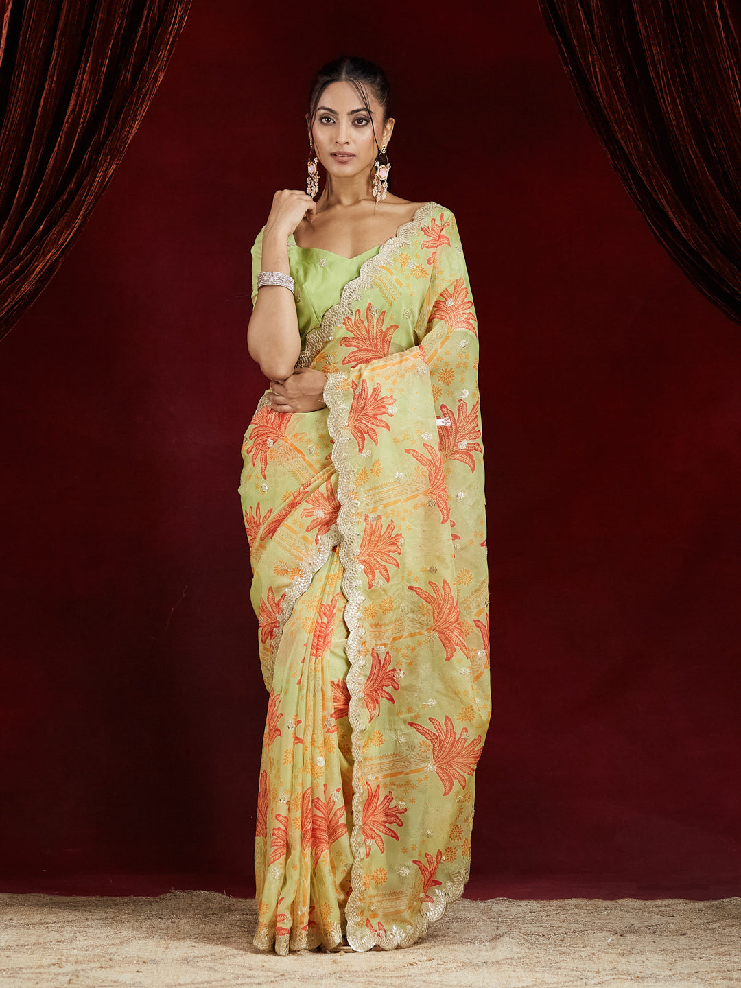 KASEE Women Pista Green Organza Saree with Floral Print & Embroidered Border