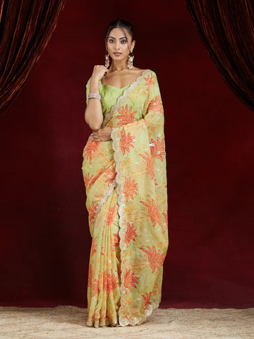 KASEE Women Pista Green Organza Saree with Floral Print & Embroidered Border