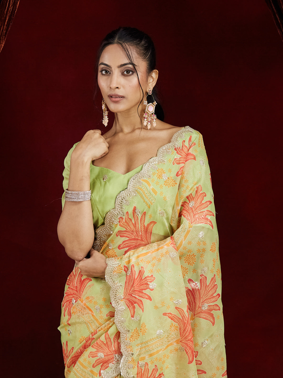 KASEE Women Pista Green Organza Saree with Floral Print & Embroidered Border