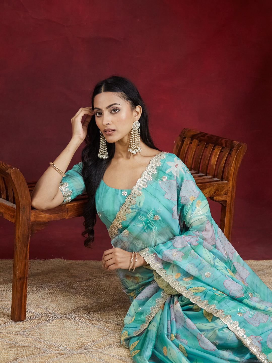 KASEE Women Teal Floral Organza Saree with Embroidered Border