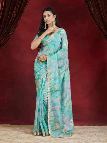 KASEE Women Teal Floral Organza Saree with Embroidered Border