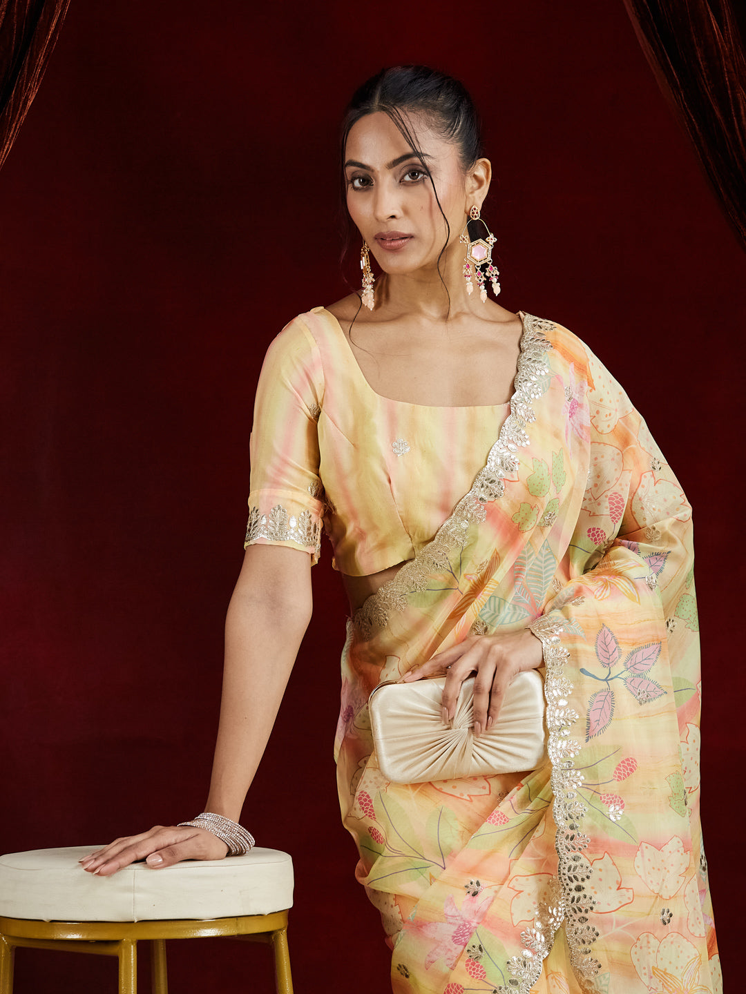 KASEE Women Yellow Floral Organza Saree with Embroidered Border