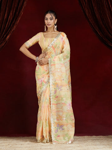 KASEE Women Yellow Floral Organza Saree with Embroidered Border