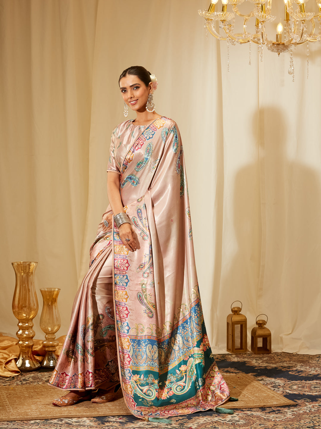 Kasee Women's Blush Pink Satin Saree with Multicolor Paisley Print
