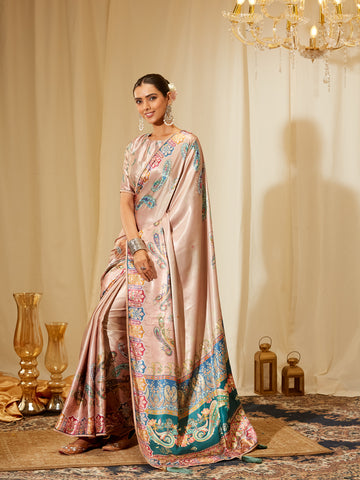 Kasee Women's Blush Pink Satin Saree with Multicolor Paisley Print