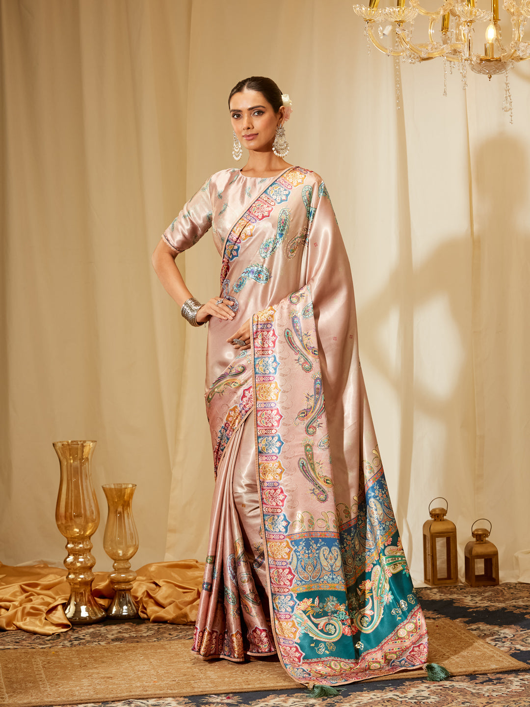 Kasee Women's Blush Pink Satin Saree with Multicolor Paisley Print