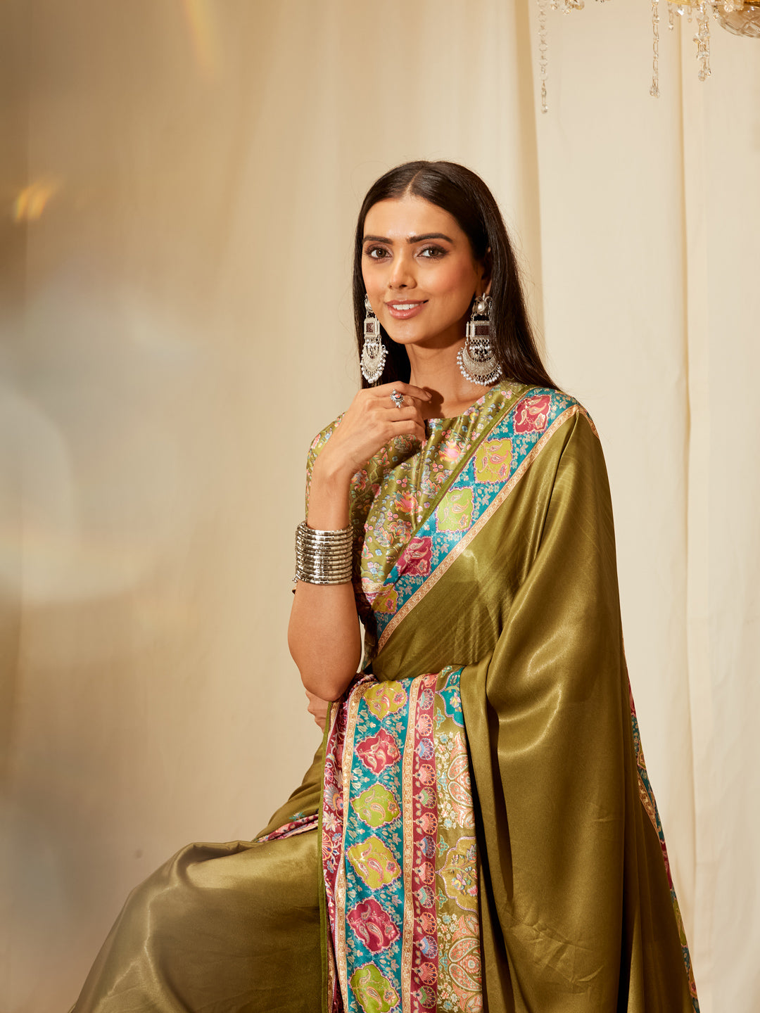 Kasee Women's Olive Green Satin Saree with Multicolor Printed Border