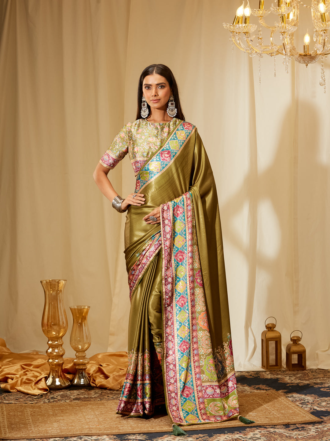 Kasee Women's Olive Green Satin Saree with Multicolor Printed Border