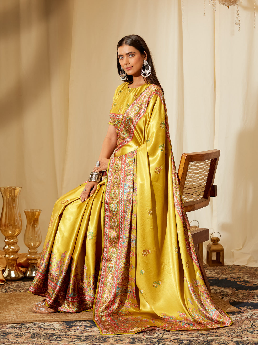 Kasee Women's Mustard Yellow Satin Saree with Paisley Woven Border