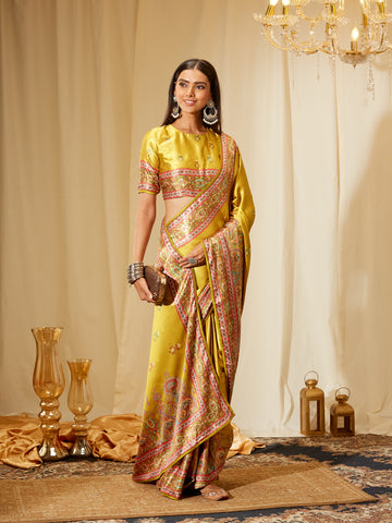 Kasee Women's Mustard Yellow Satin Saree with Paisley Woven Border