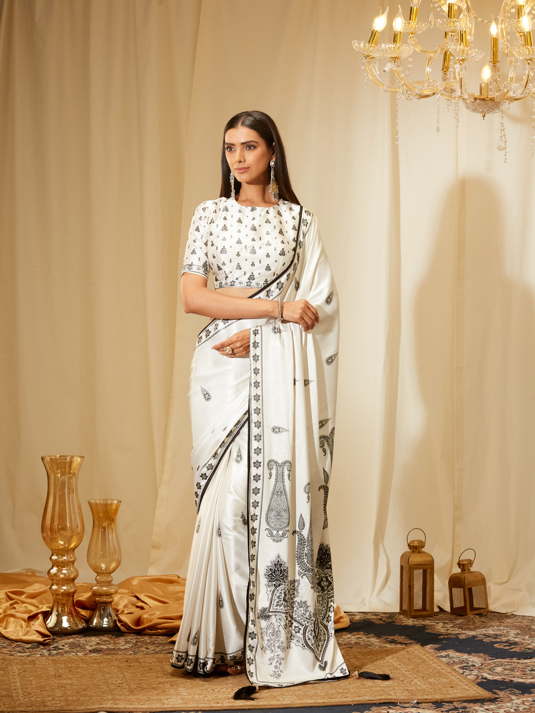 Kasee Women's White & Black Satin Saree with Intricate Paisley and Floral Embroidery