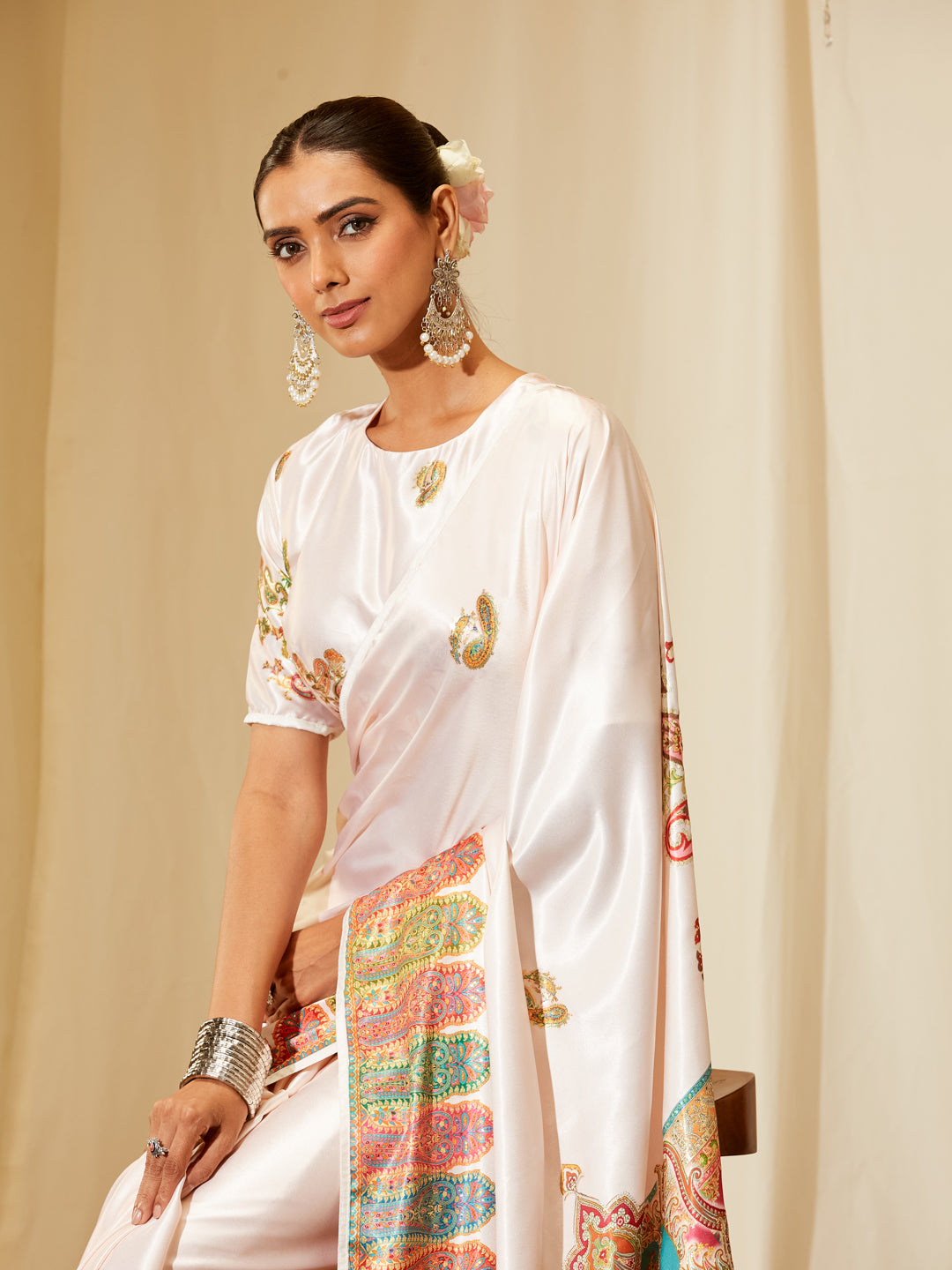 Kasee Women's White Satin Saree with Multicolor Paisley & Floral Print