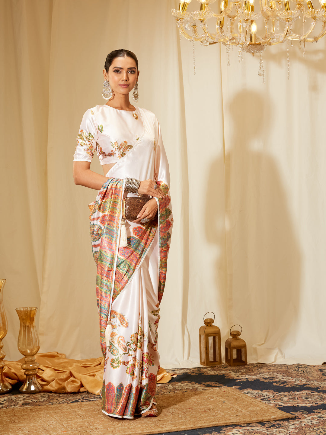 Kasee Women's White Satin Saree with Multicolor Paisley & Floral Print
