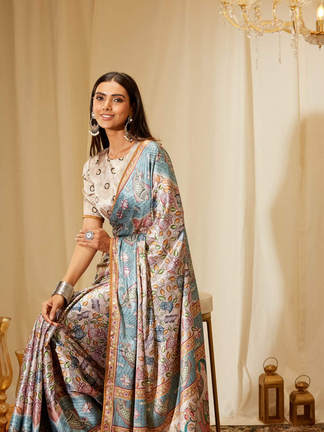 Kasee Women's Pastel Beige & Blue Satin Silk Saree with Intricate Printed Motifs