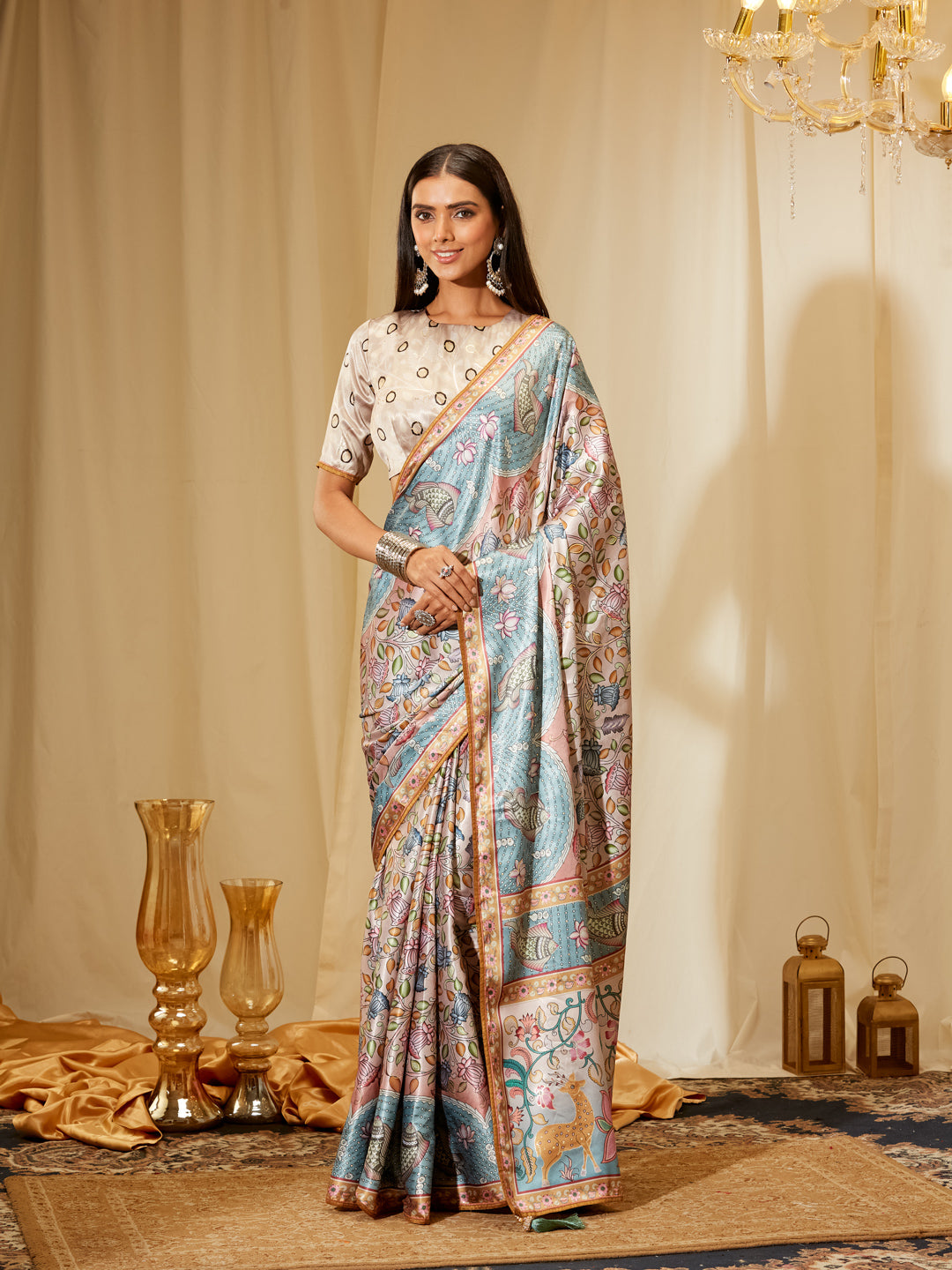 Kasee Women's Pastel Beige & Blue Satin Silk Saree with Intricate Printed Motifs