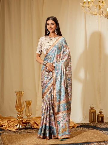 Kasee Women's Pastel Beige & Blue Satin Silk Saree with Intricate Printed Motifs