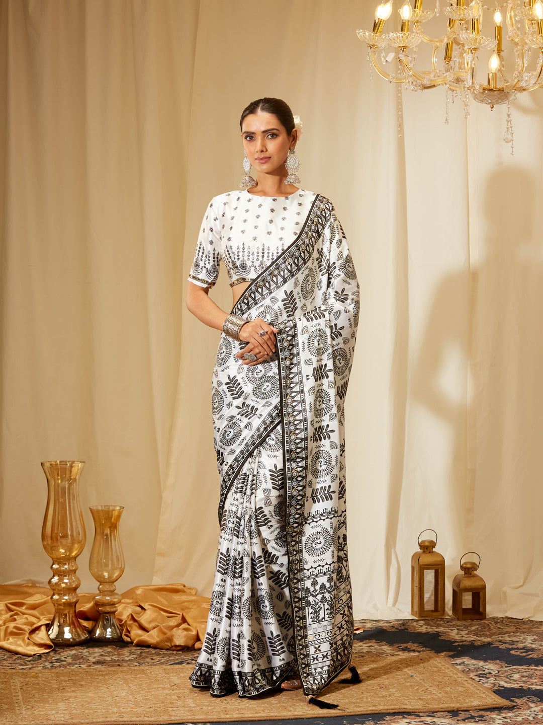 Kasee Women's White & Black Satin Saree with Ethnic Block Print
