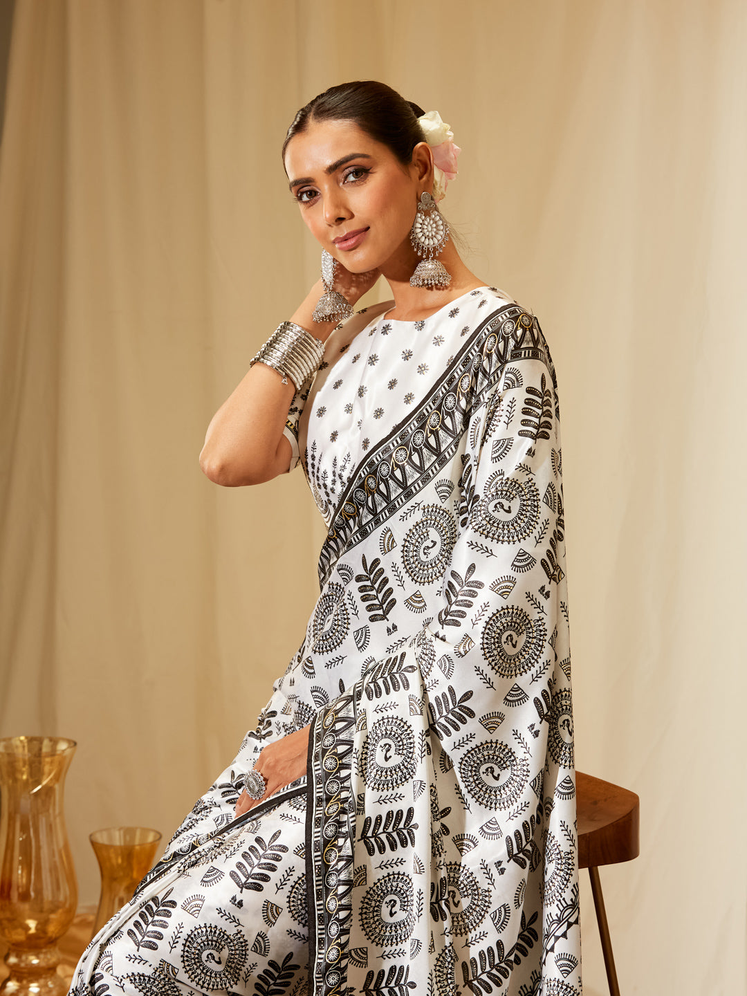Kasee Women's White & Black Satin Saree with Ethnic Block Print