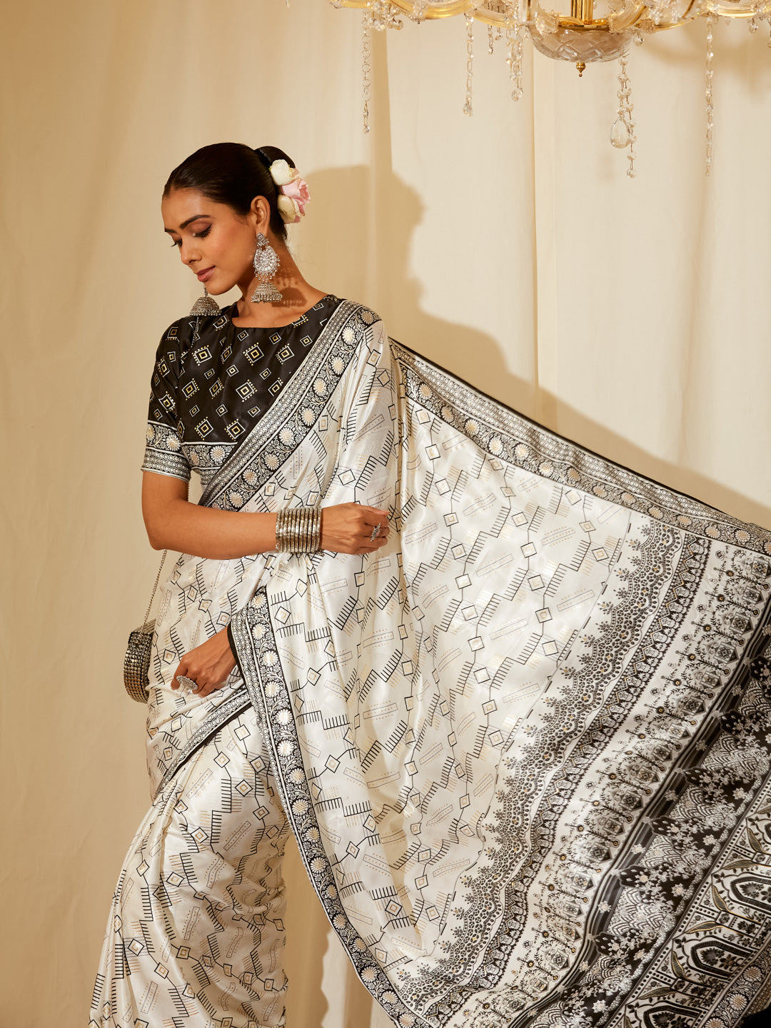 Kasee Women's Black & White Printed Satin Saree with Temple Motifs