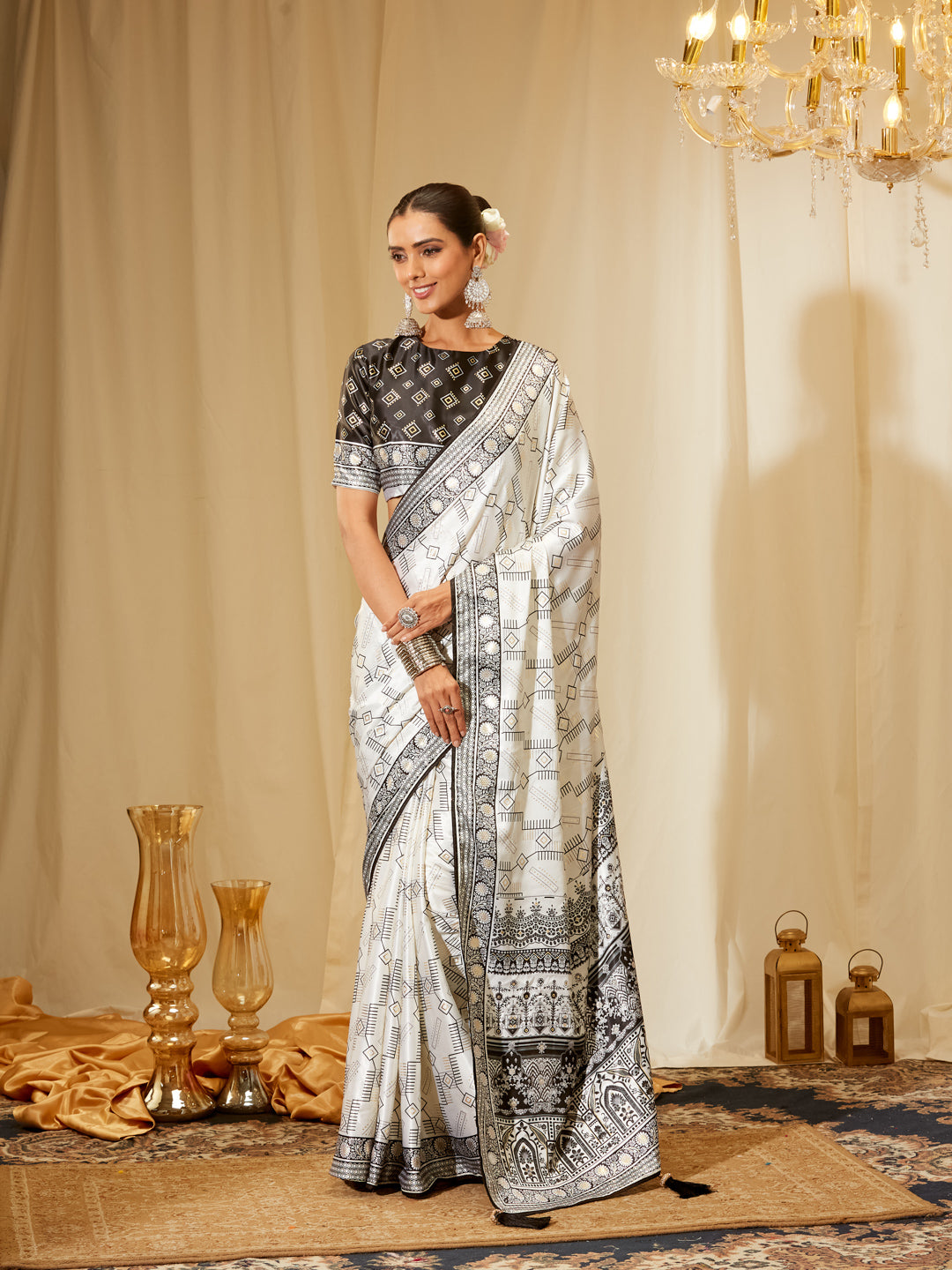 Kasee Women's Black & White Printed Satin Saree with Temple Motifs