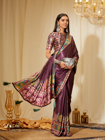 Kasee Women's Plum Satin Silk Saree with Multicolor Printed Border