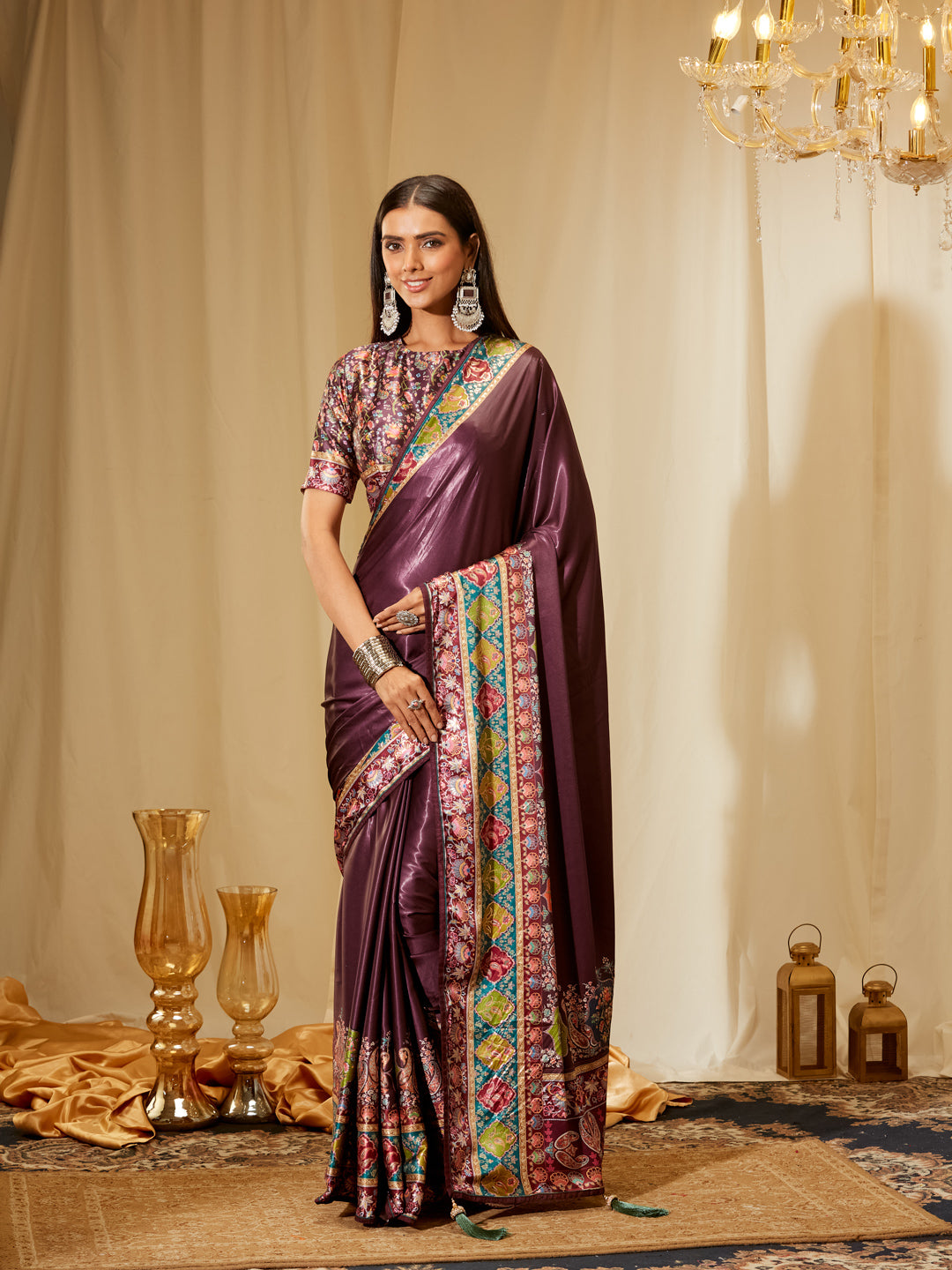 Kasee Women's Plum Satin Silk Saree with Multicolor Printed Border