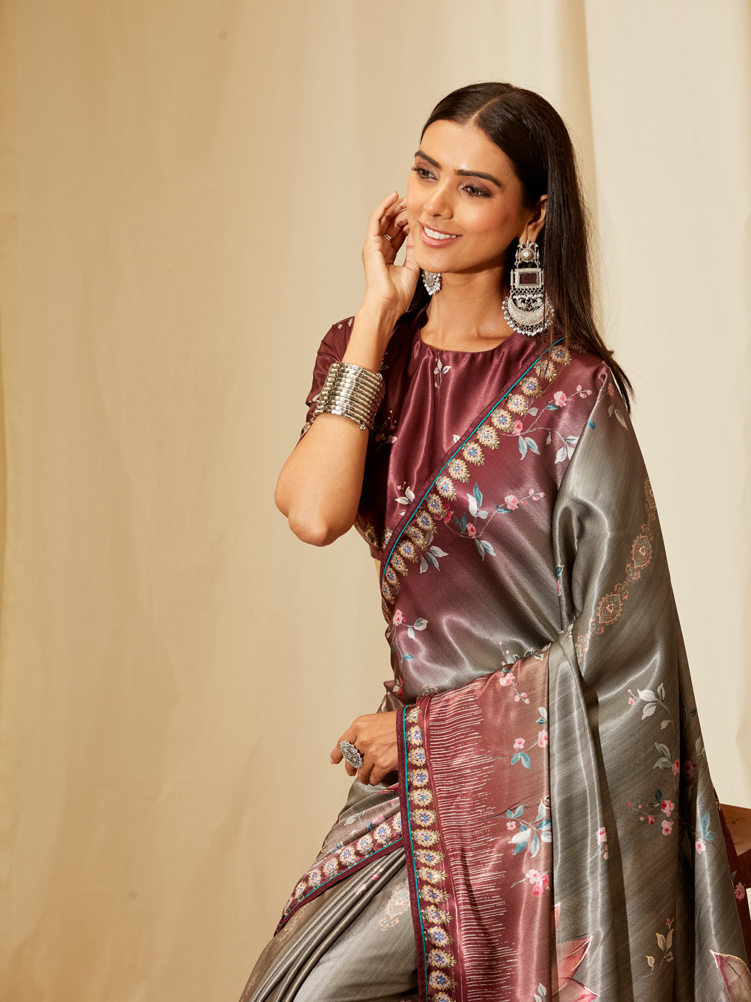 Kasee Women's Grey & Wine Satin Silk Saree with Floral Print, Zari Border