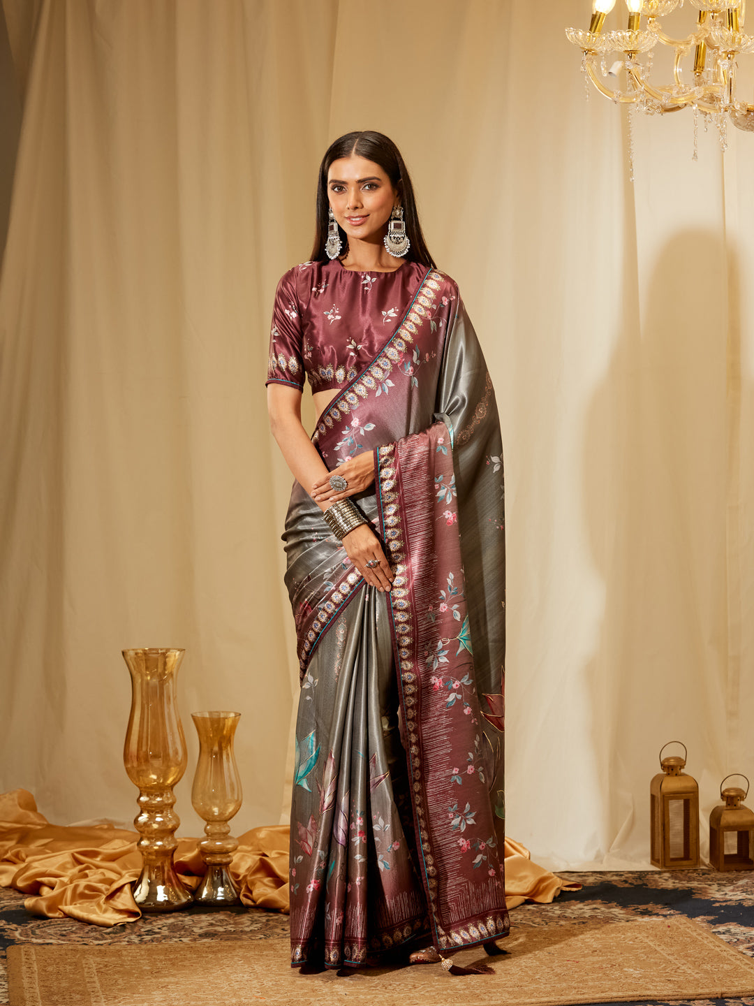 Kasee Women's Grey & Wine Satin Silk Saree with Floral Print, Zari Border