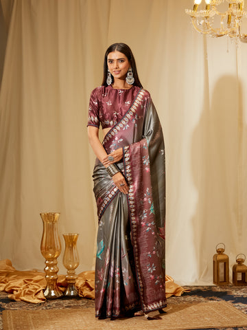 Kasee Women's Grey & Wine Satin Silk Saree with Floral Print, Zari Border