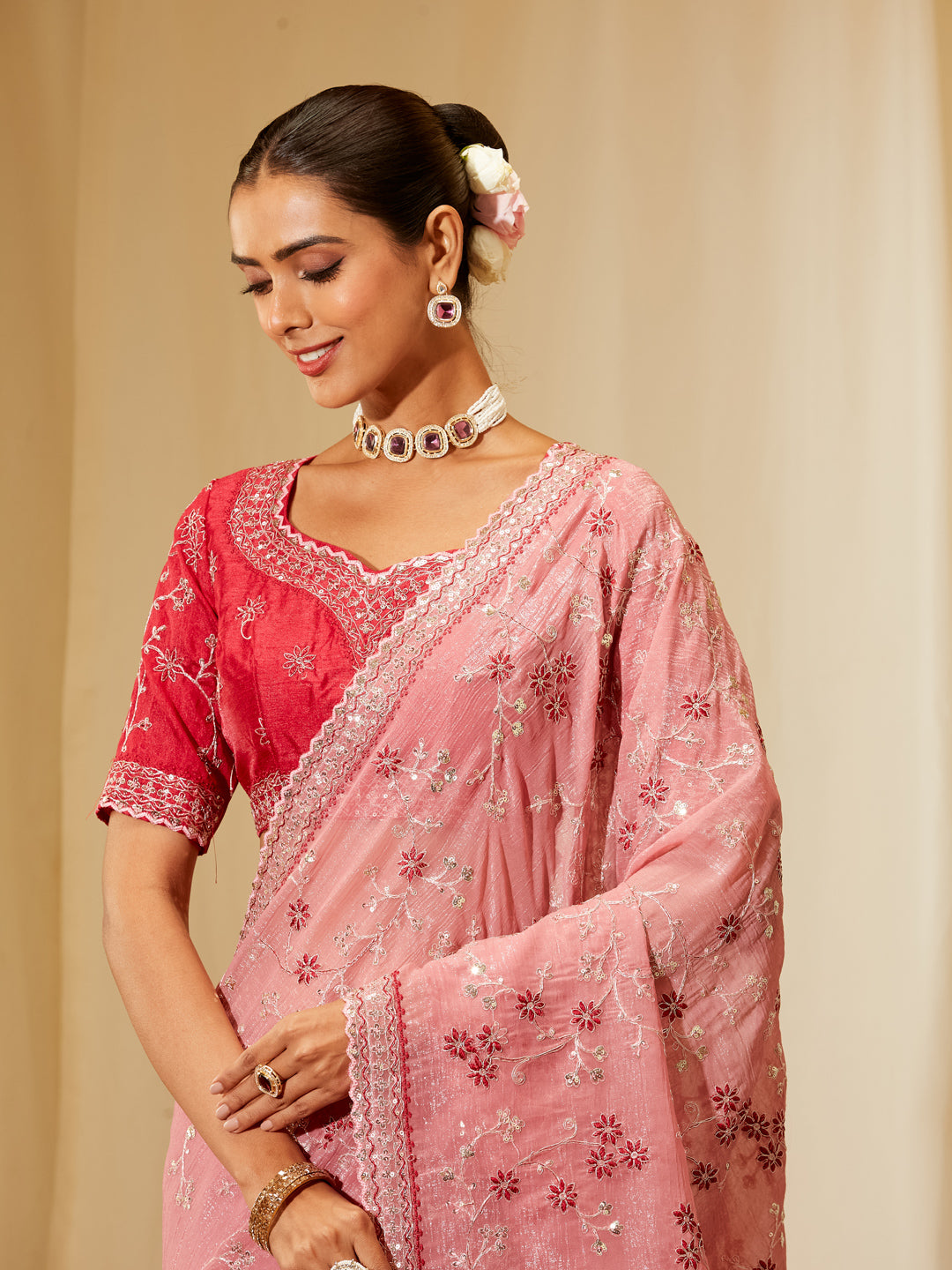Kasee Women's Pink Satin Saree with Sequin Floral Embroidery