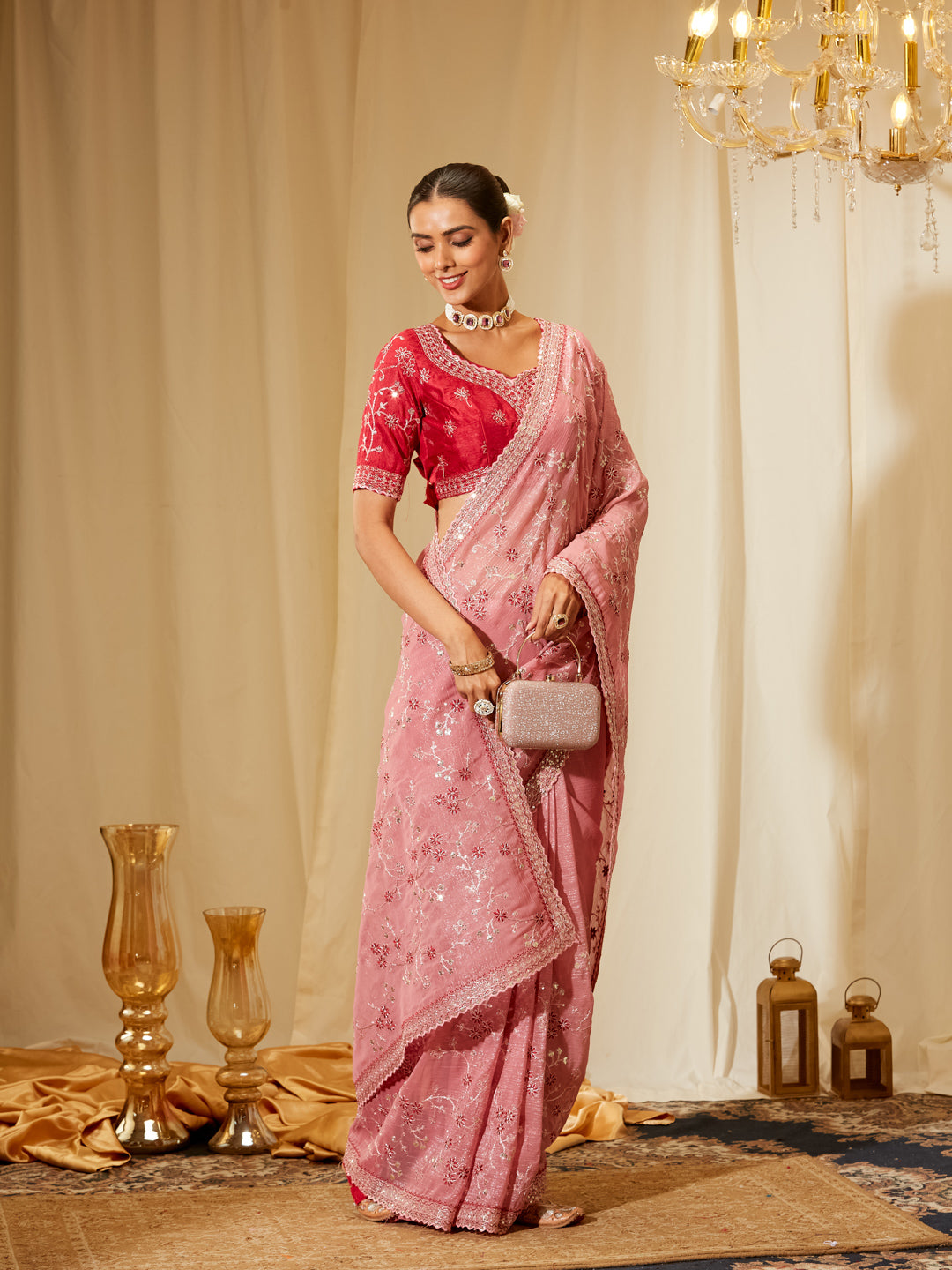 Kasee Women's Pink Satin Saree with Sequin Floral Embroidery