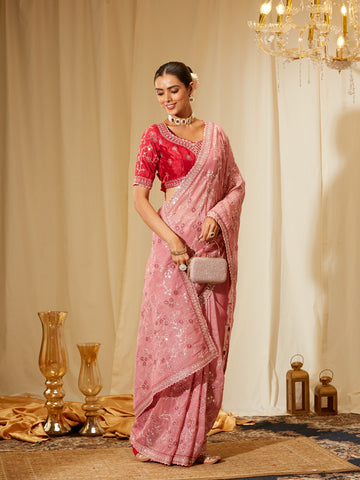 Kasee Women's Pink Satin Saree with Sequin Floral Embroidery