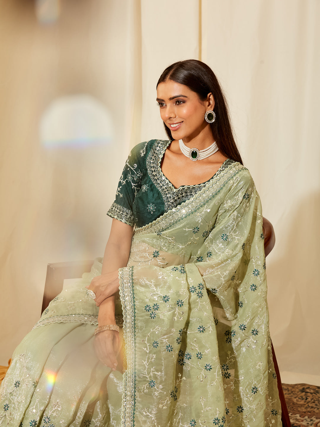 Kasee Women's Pastel Green Satin Saree with Sequin Floral Embroidery