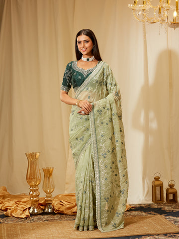 Kasee Women's Pastel Green Satin Saree with Sequin Floral Embroidery