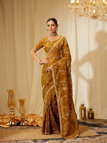 Kasee Women's Mustard Embroidered Satin Saree with Subtle Shimmer