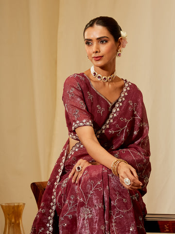 Kasee Women's Wine Embroidered Satin Saree with Subtle Shimmer