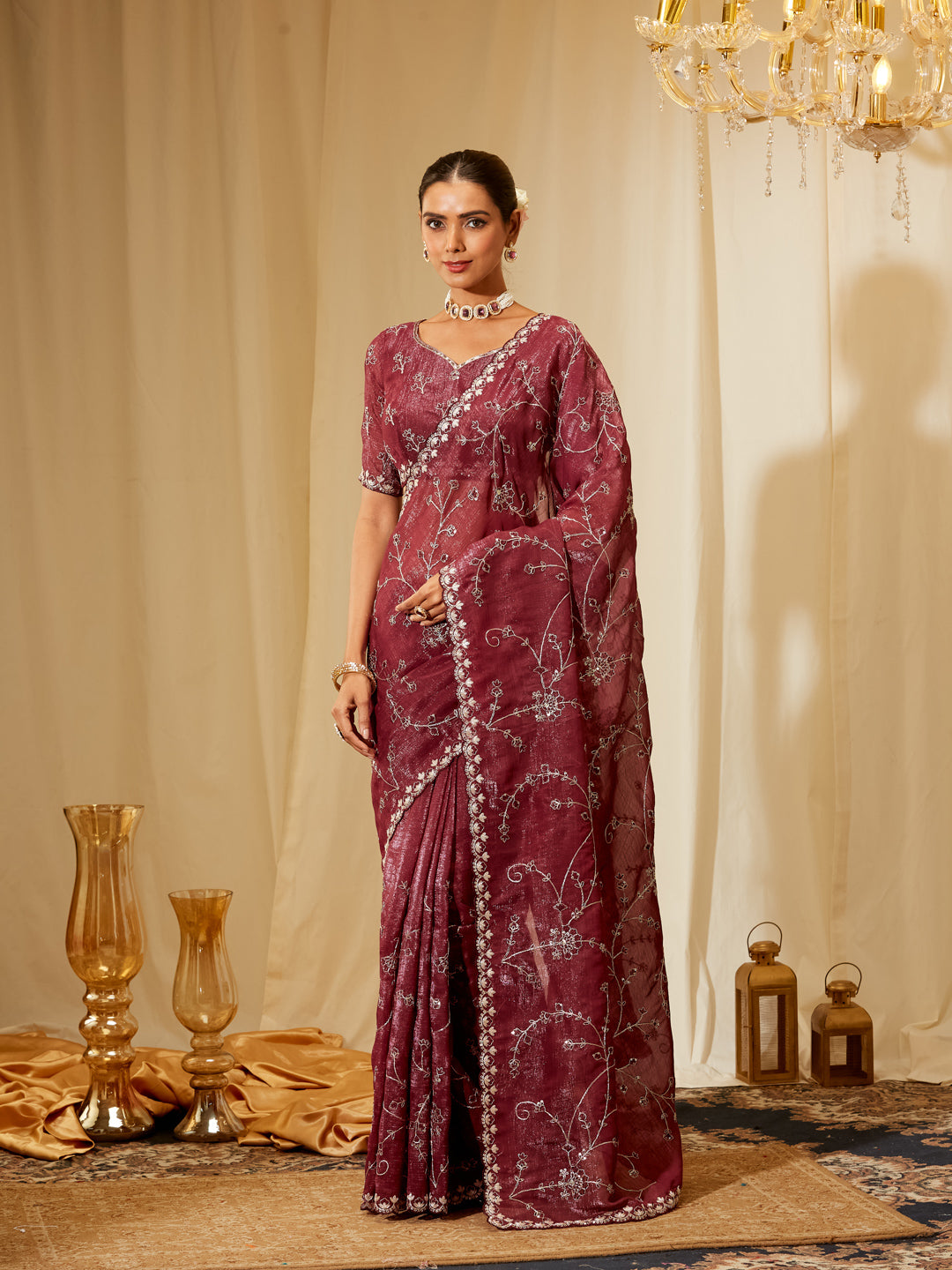 Kasee Women's Wine Embroidered Satin Saree with Subtle Shimmer