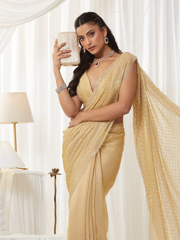 KASEE Women's Beige Embellished Silk Blend Saree with All-Over Sequin Buti Work