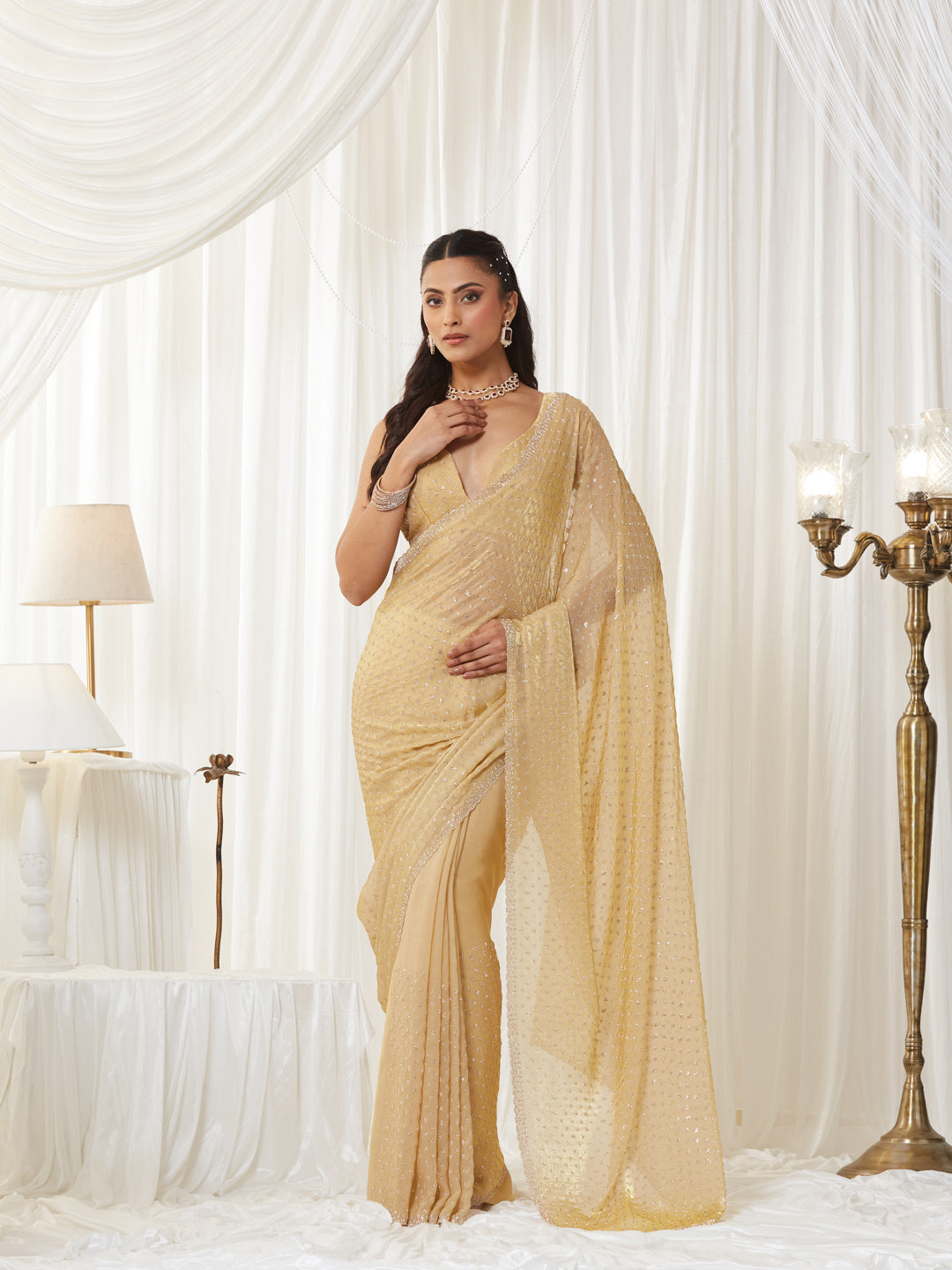 KASEE Women's Beige Embellished Silk Blend Saree with All-Over Sequin Buti Work