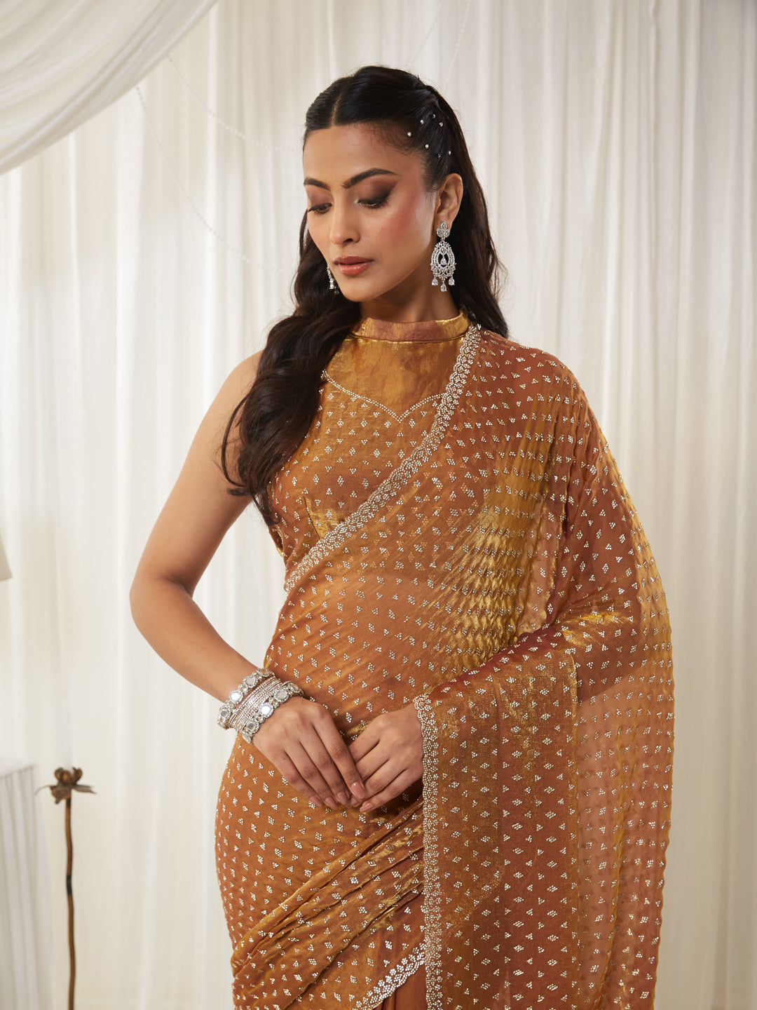 KASEE Women's Gold Embellished Silk Blend Saree with All-Over Sequin Buti Work