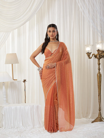 KASEE Women's Peach Embellished Silk Blend Saree with All-Over Sequin Buti Work