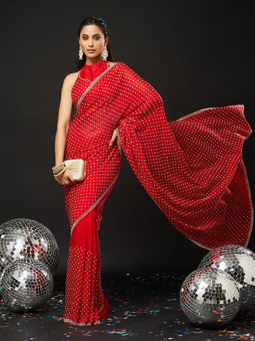 KASEE Women's Red Embellished Silk Blend Saree with All-Over Sequin Buti Work