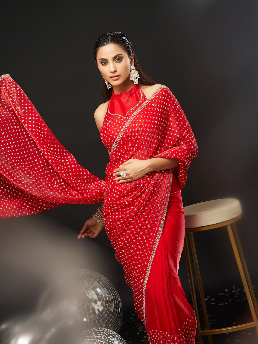 KASEE Women's Red Embellished Silk Blend Saree with All-Over Sequin Buti Work