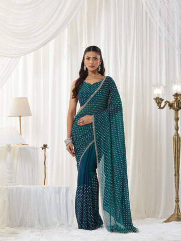 KASEE Women's Turquoise Blue Embellished Silk Blend Saree with All-Over Sequin Buti Work