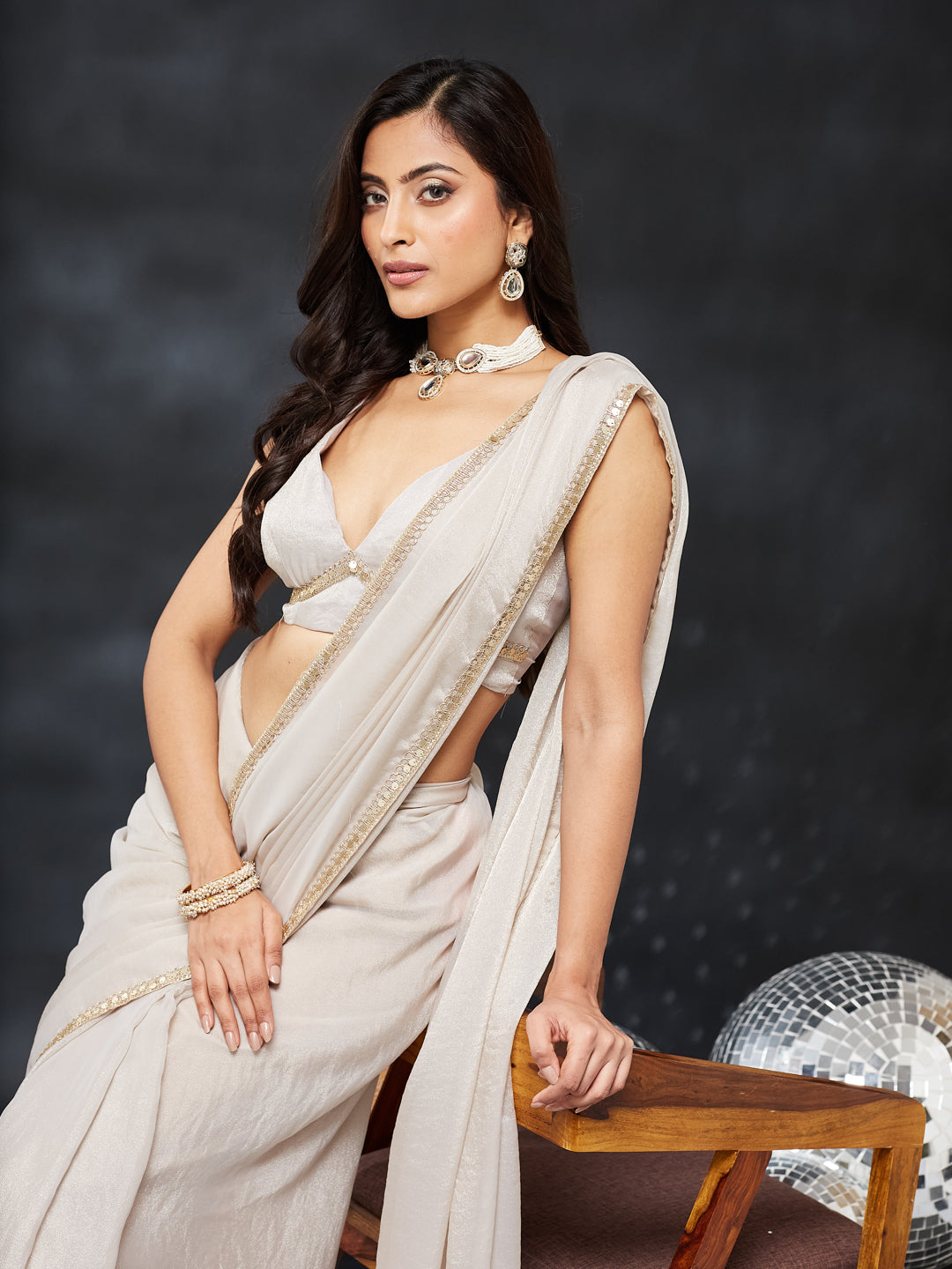 KASEE Women's Grey Silk Blend Saree with Embroidered Border